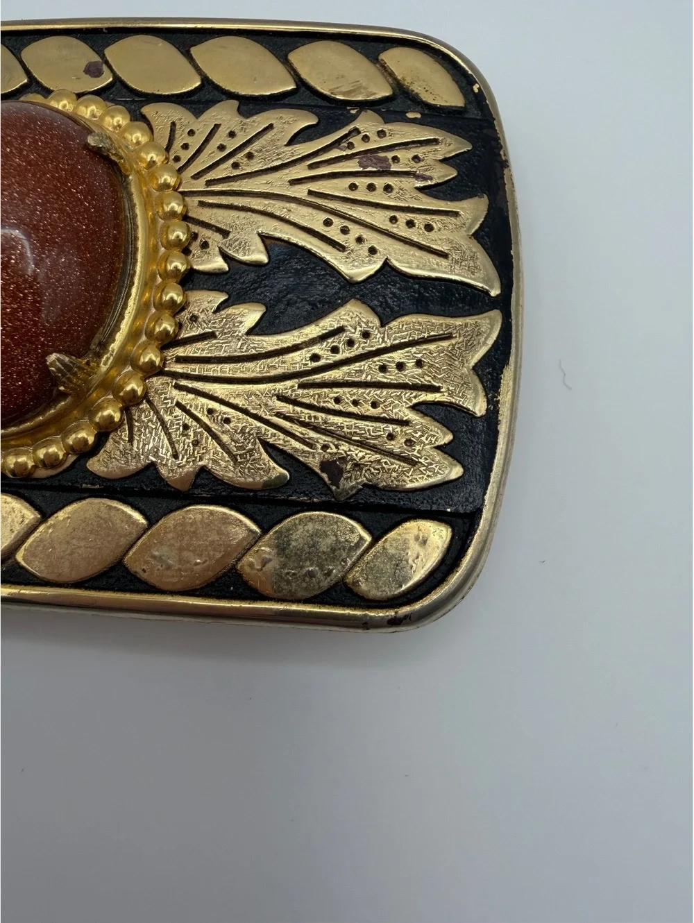Vintage Gold-Tone Belt Buckle with Brown Oval Stone and Leaf Design, Approx. 3